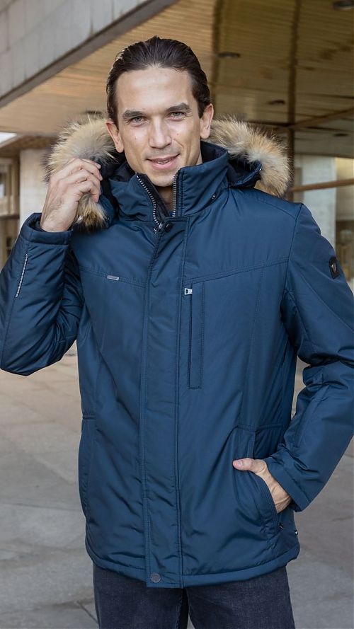 Фото Куртка мужская темно-синяя с натуральным мехом