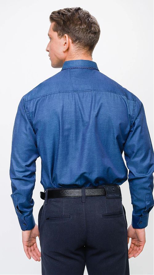 Фото Мужская сорочка синяя приталенная с длинным рукавом 