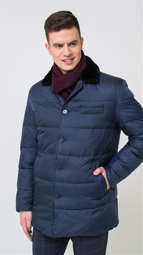 Фото Короткая мужская зимняя куртка-пуховик синяя