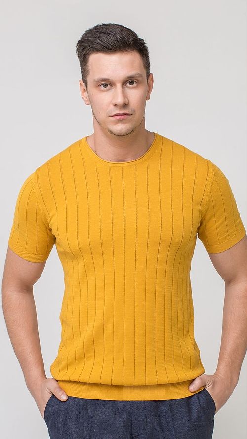 Фото Трикотажная мужская футболка горчичного цвета