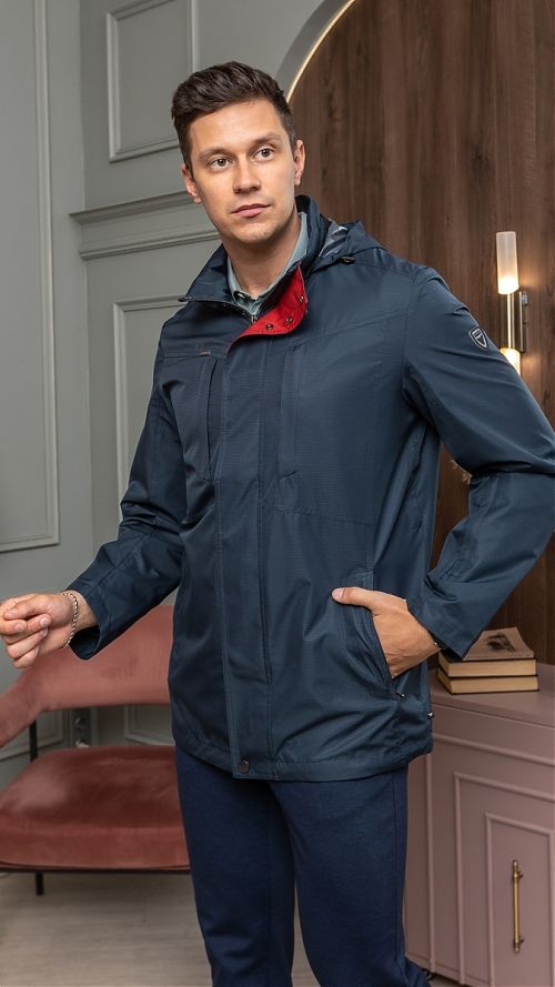 Фото Куртка мужская темно-синяя красной отделкой