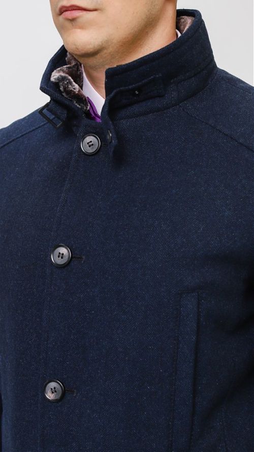 Фото Синее мужское пальто с воротником-стойкой демисезонное