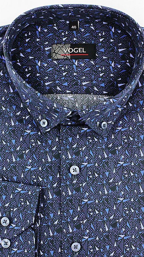 Фото Мужская синяя рубашка с мелким принтом прямого кроя