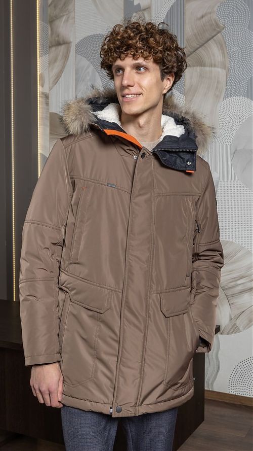 Фото Длинная куртка из двухслойной плотной мембранной ткани коричневая