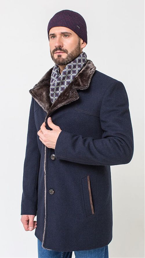 Фото Зимнее мужское пальто синее с мехом